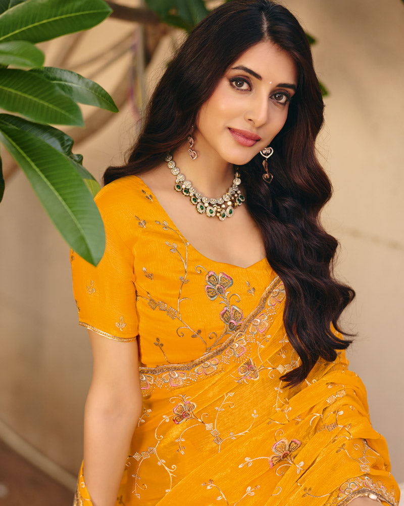 Yellow Designer Fancy Chiffon Saree With Zari Embroidery Diamond Work And Cut Work Embroidery Border