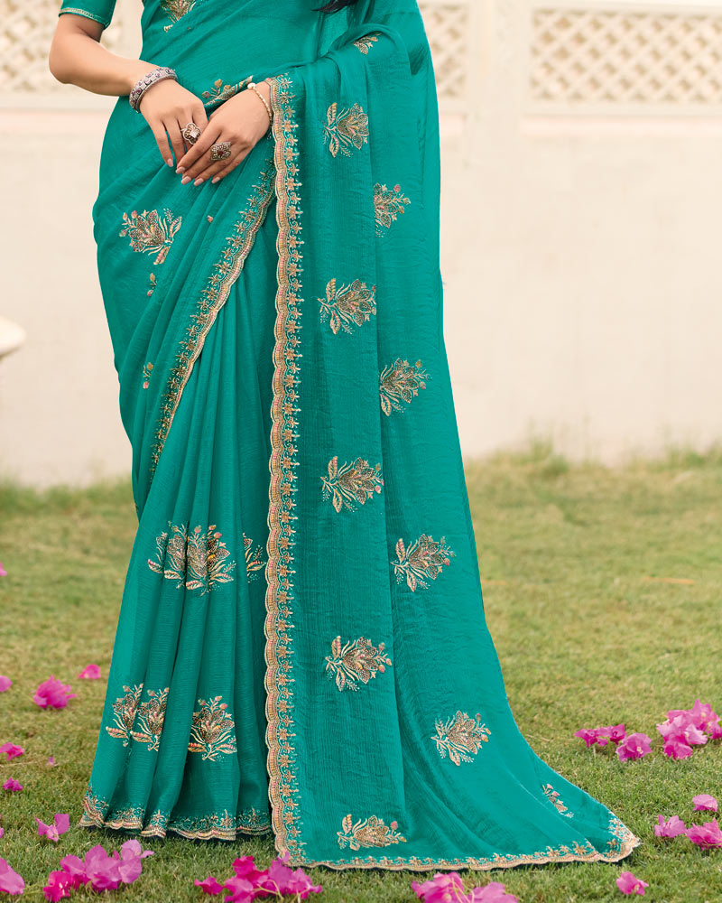 Teal Green Designer Fancy Chiffon Saree With Zari Embroidery Diamond Work And Cut Work Embroidery Border