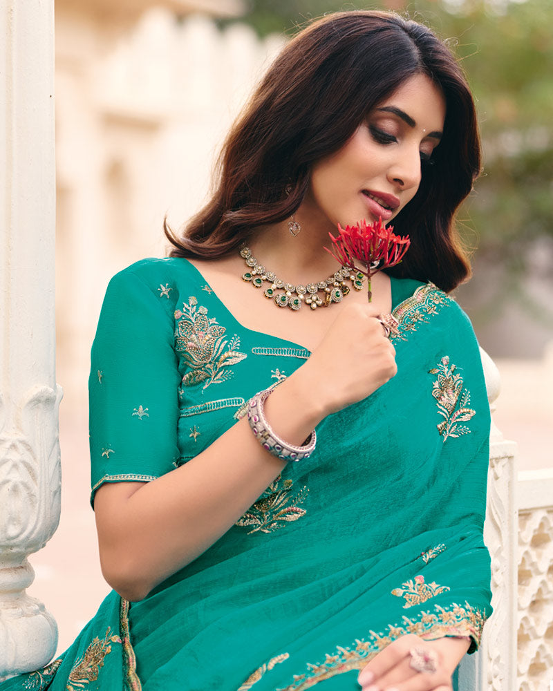 Teal Green Designer Fancy Chiffon Saree With Zari Embroidery Diamond Work And Cut Work Embroidery Border