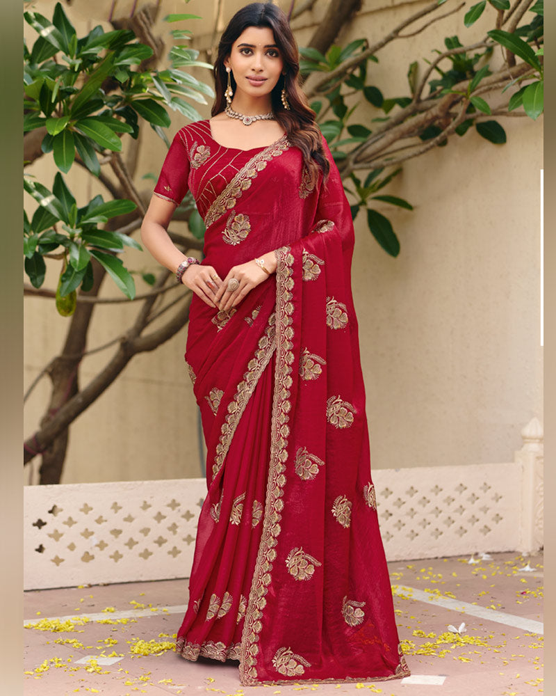 Maroon Designer Fancy Chiffon Saree With Zari Embroidery Diamond Work And Cut Work Embroidery Border