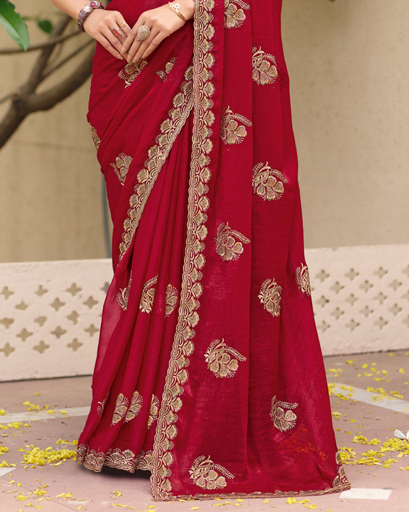 Maroon Designer Fancy Chiffon Saree With Zari Embroidery Diamond Work And Cut Work Embroidery Border