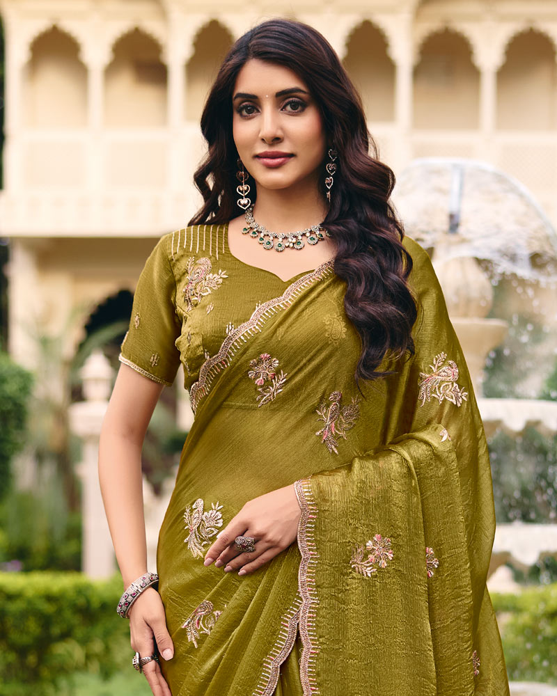 Olive Green Designer Fancy Chiffon Saree With Zari Embroidery Diamond Work And Cut Work Embroidery Border
