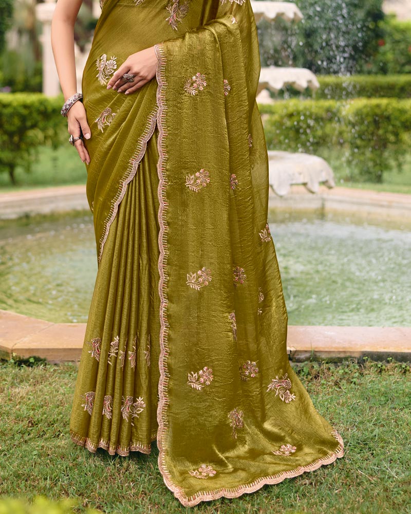 Olive Green Designer Fancy Chiffon Saree With Zari Embroidery Diamond Work And Cut Work Embroidery Border