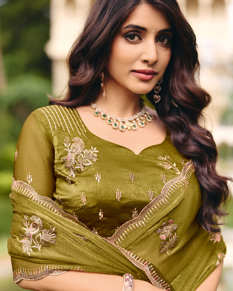 Olive Green Designer Fancy Chiffon Saree With Zari Embroidery Diamond Work And Cut Work Embroidery Border