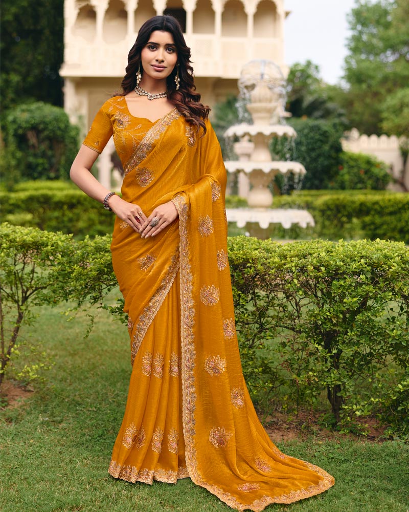Mustard Designer Fancy Chiffon Saree With Zari Embroidery Diamond Work And Cut Work Embroidery Border