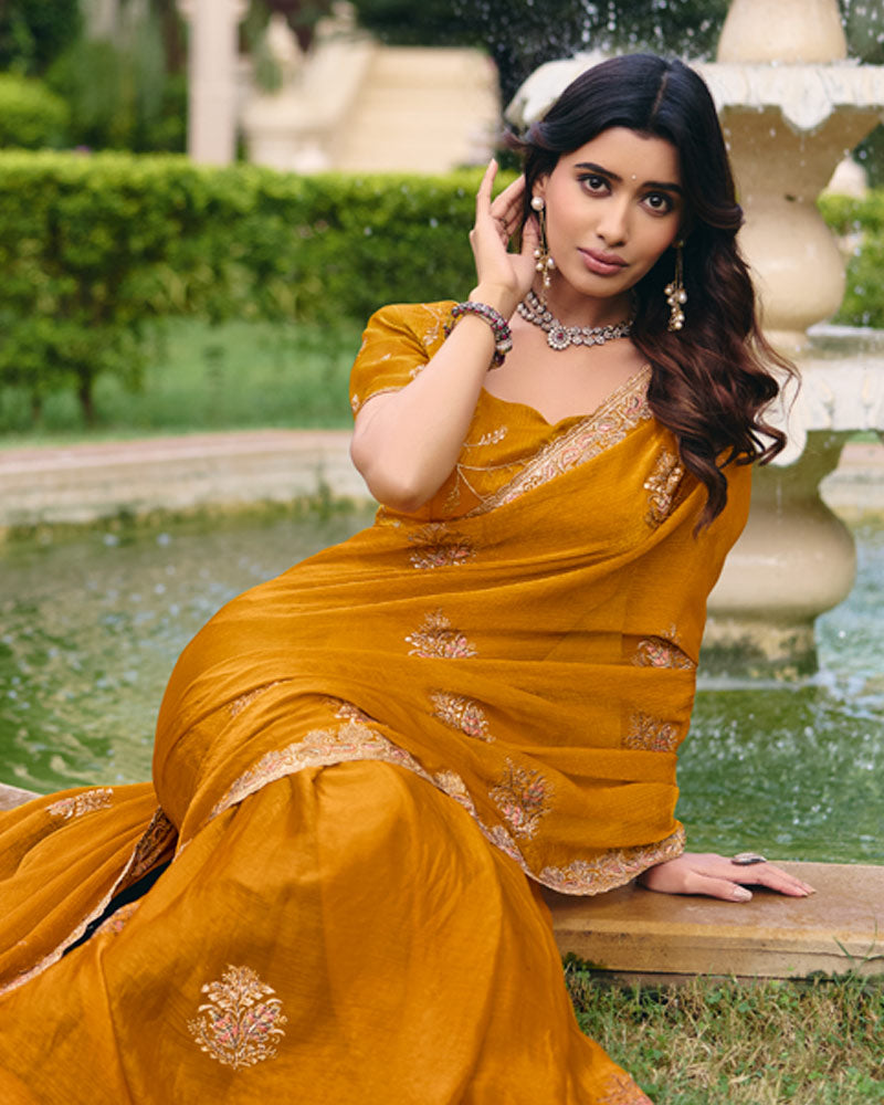 Mustard Designer Fancy Chiffon Saree With Zari Embroidery Diamond Work And Cut Work Embroidery Border