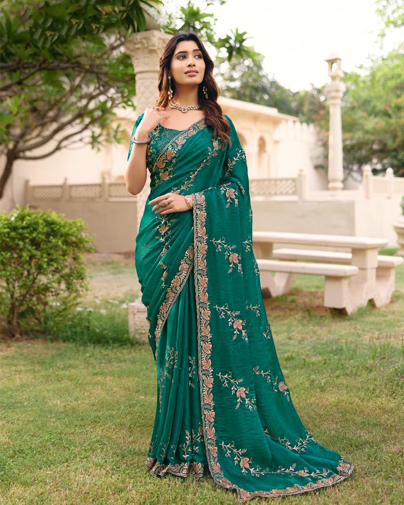 Turquoise Green Designer Fancy Chiffon Saree With Zari Embroidery Diamond Work And Cut Work Embroidery Border
