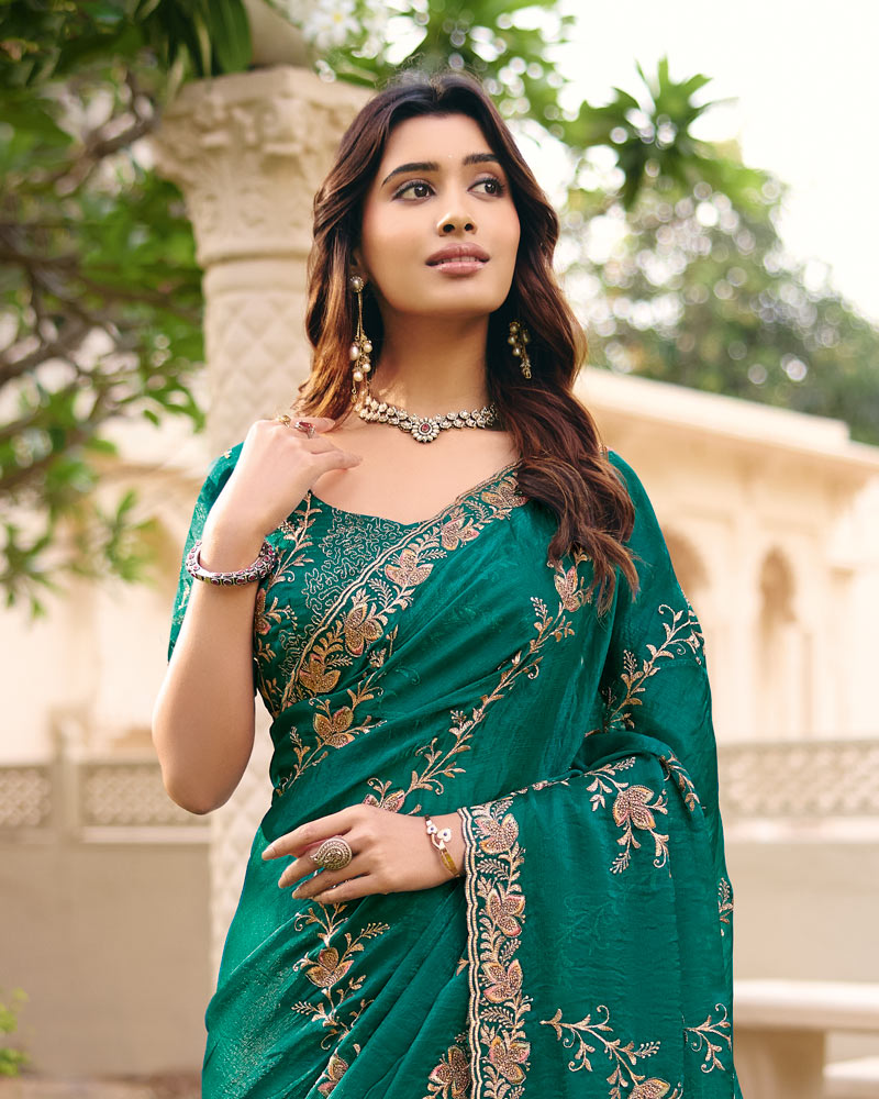 Turquoise Green Designer Fancy Chiffon Saree With Zari Embroidery Diamond Work And Cut Work Embroidery Border