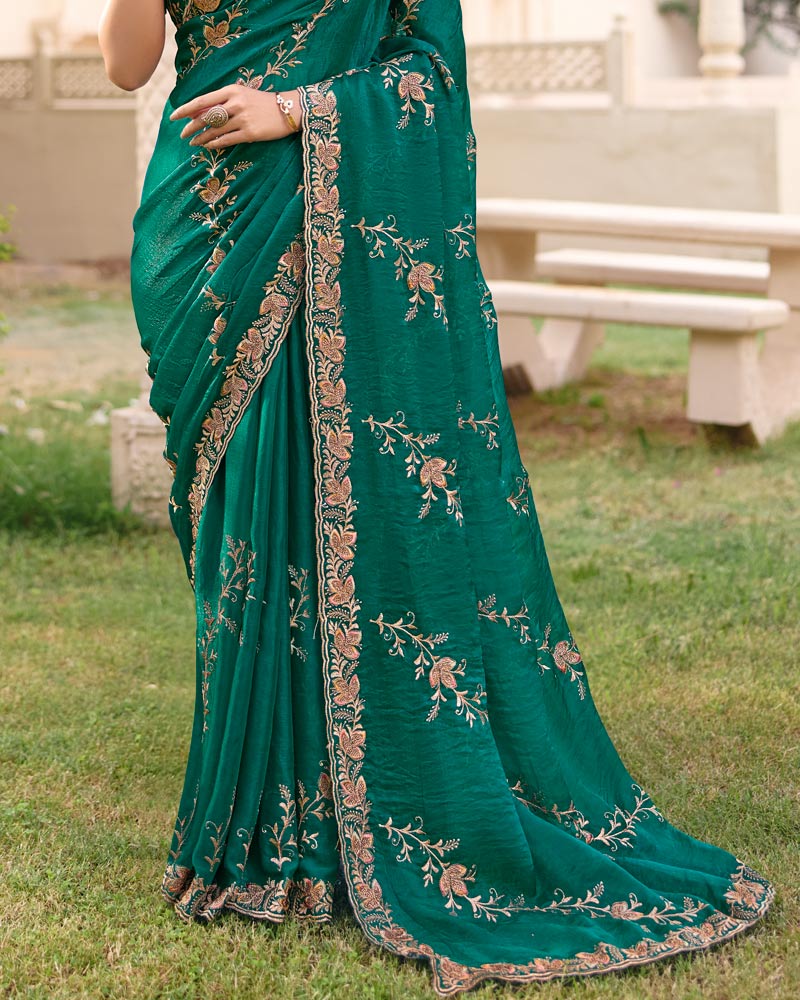 Turquoise Green Designer Fancy Chiffon Saree With Zari Embroidery Diamond Work And Cut Work Embroidery Border