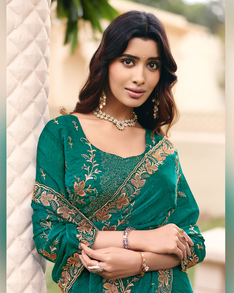Turquoise Green Designer Fancy Chiffon Saree With Zari Embroidery Diamond Work And Cut Work Embroidery Border