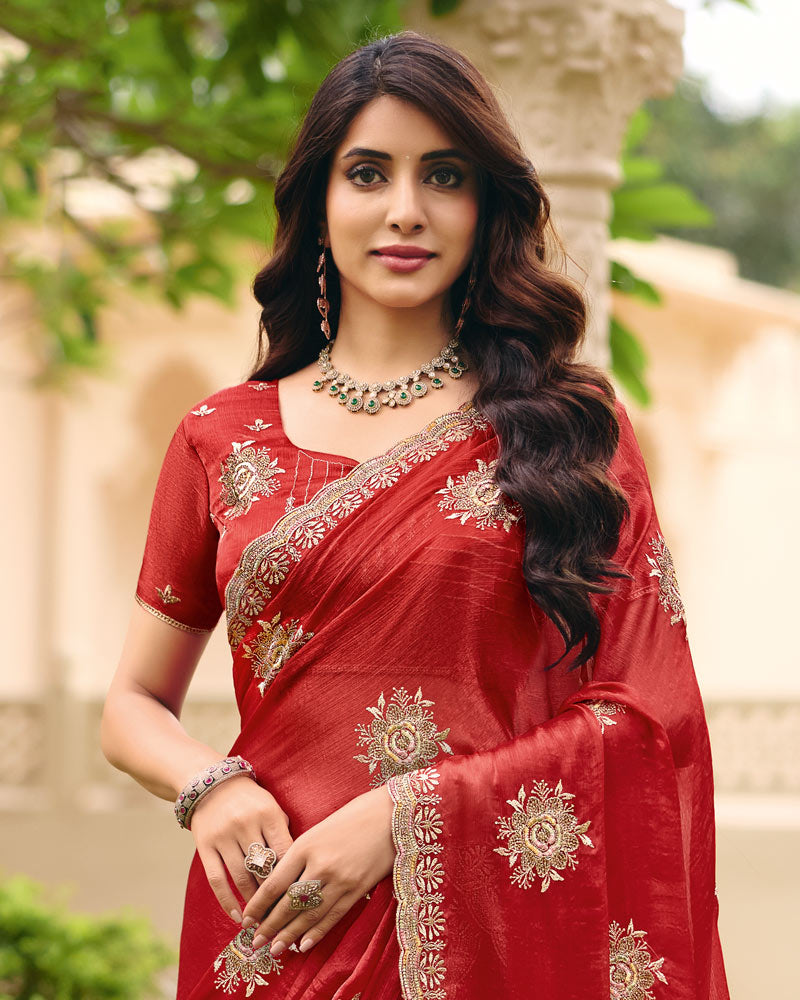 Red Designer Fancy Chiffon Saree With Zari Embroidery Diamond Work And Cut Work Embroidery Border