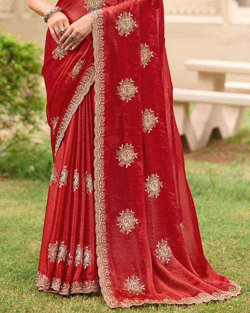 Red Designer Fancy Chiffon Saree With Zari Embroidery Diamond Work And Cut Work Embroidery Border