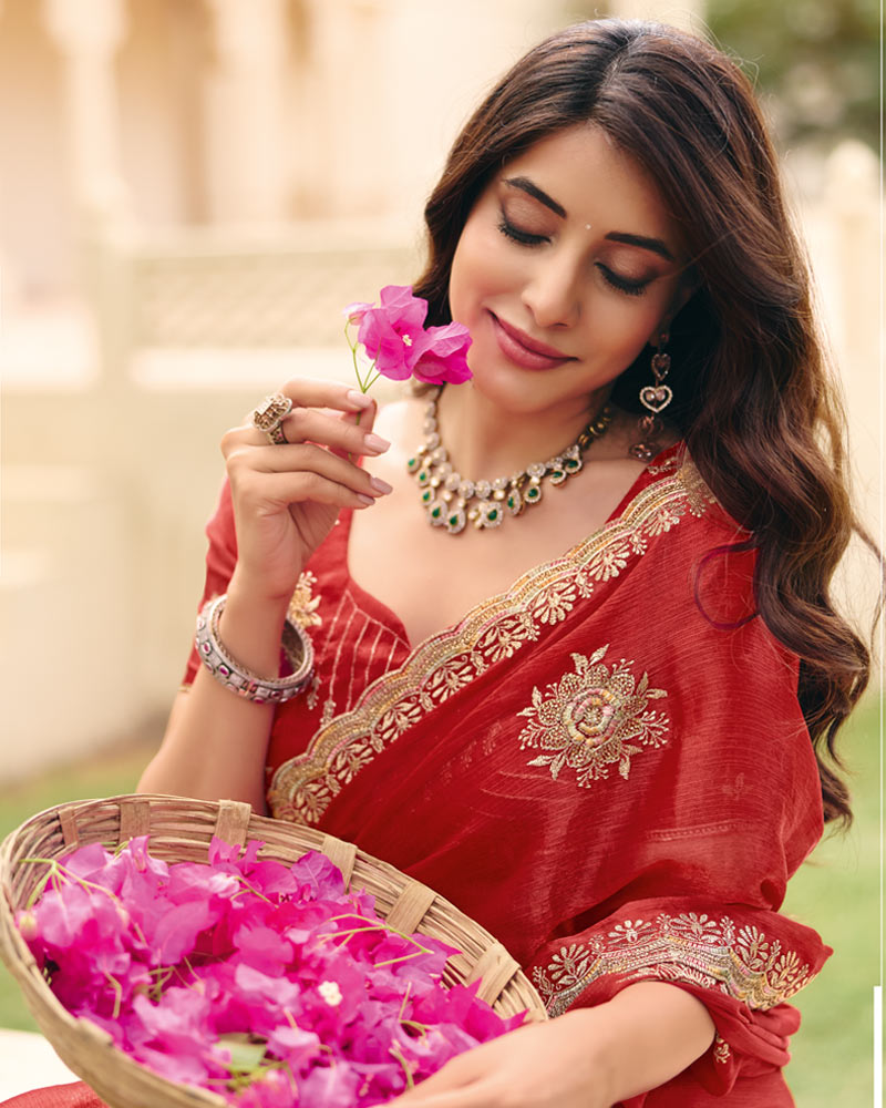 Red Designer Fancy Chiffon Saree With Zari Embroidery Diamond Work And Cut Work Embroidery Border