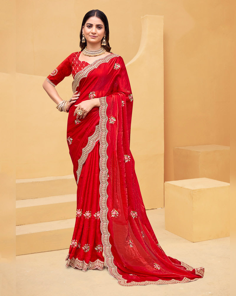 Vishal Prints Cherry Red Designer Fancy Satin Saree With Embroidery Work And Cut Work Fancy Border