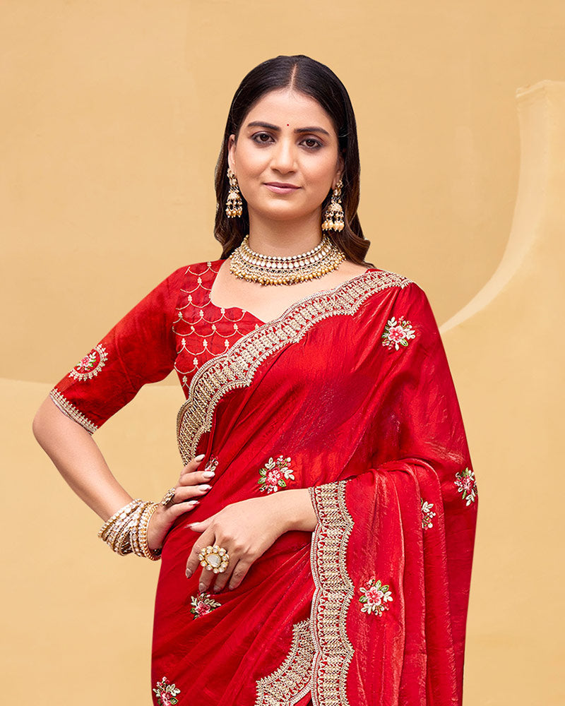 Vishal Prints Cherry Red Designer Fancy Satin Saree With Embroidery Work And Cut Work Fancy Border