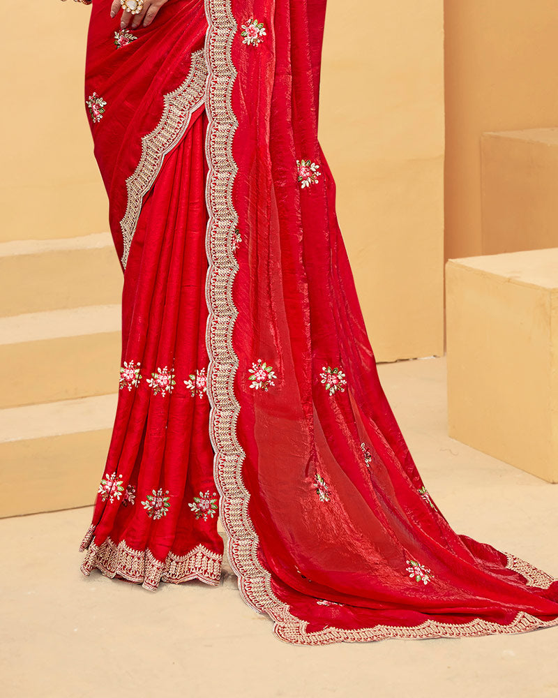 Vishal Prints Cherry Red Designer Fancy Satin Saree With Embroidery Work And Cut Work Fancy Border