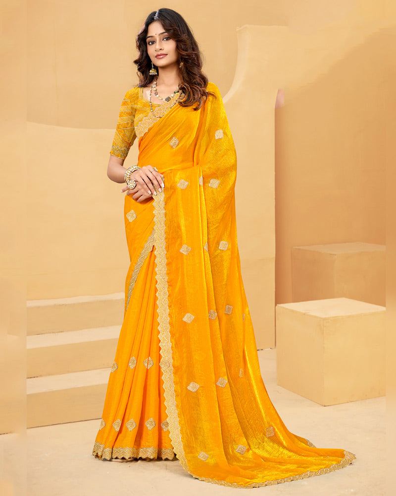 Vishal Prints Yellowish Orange Designer Fancy Satin Saree With Embroidery Work And Cut Work Fancy Border