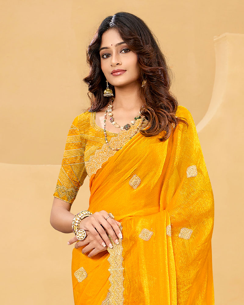 Vishal Prints Yellowish Orange Designer Fancy Satin Saree With Embroidery Work And Cut Work Fancy Border