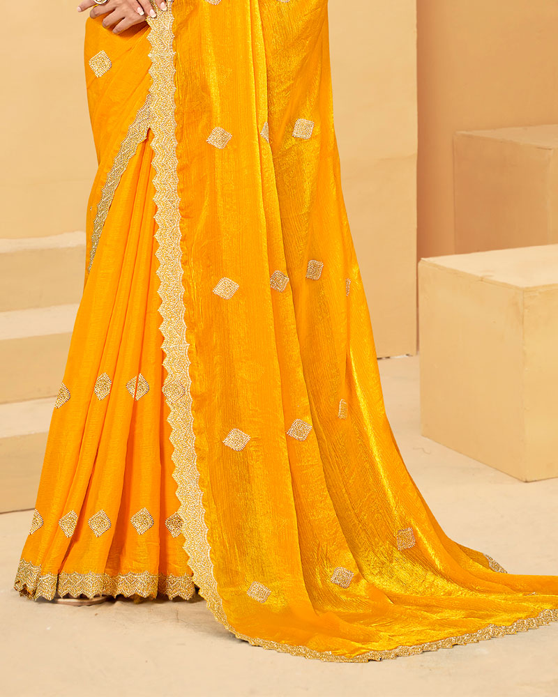 Vishal Prints Yellowish Orange Designer Fancy Satin Saree With Embroidery Work And Cut Work Fancy Border