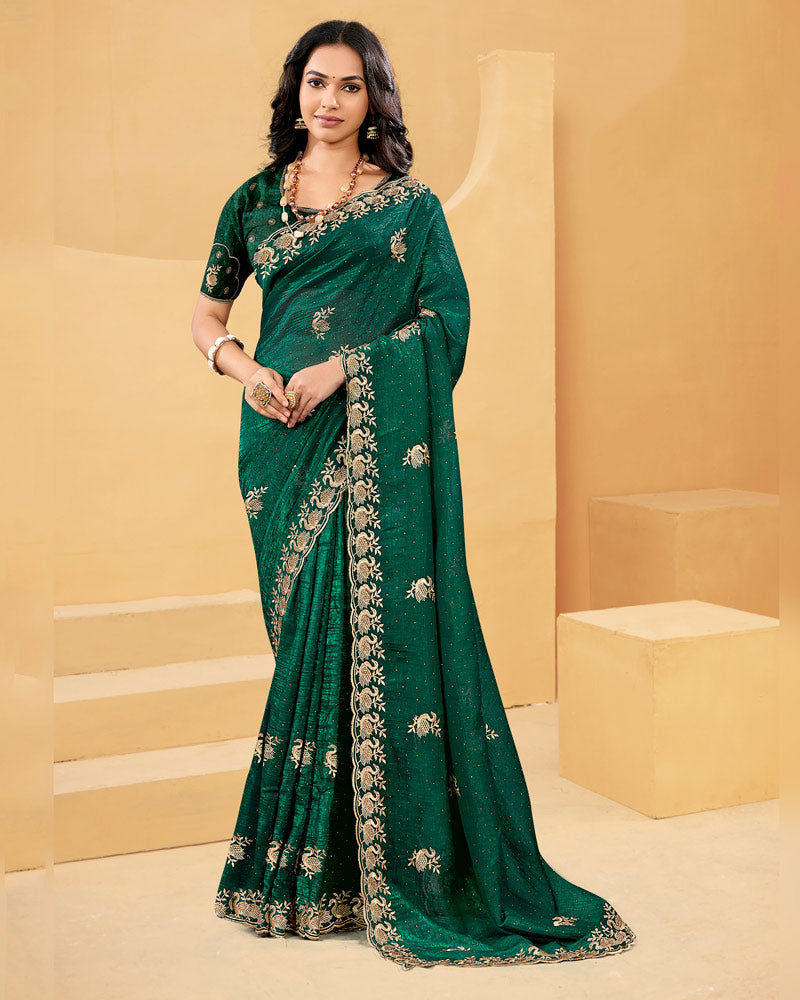 Vishal Prints Tropical Green Designer Fancy Satin Saree With Embroidery Work And Cut Work Fancy Border