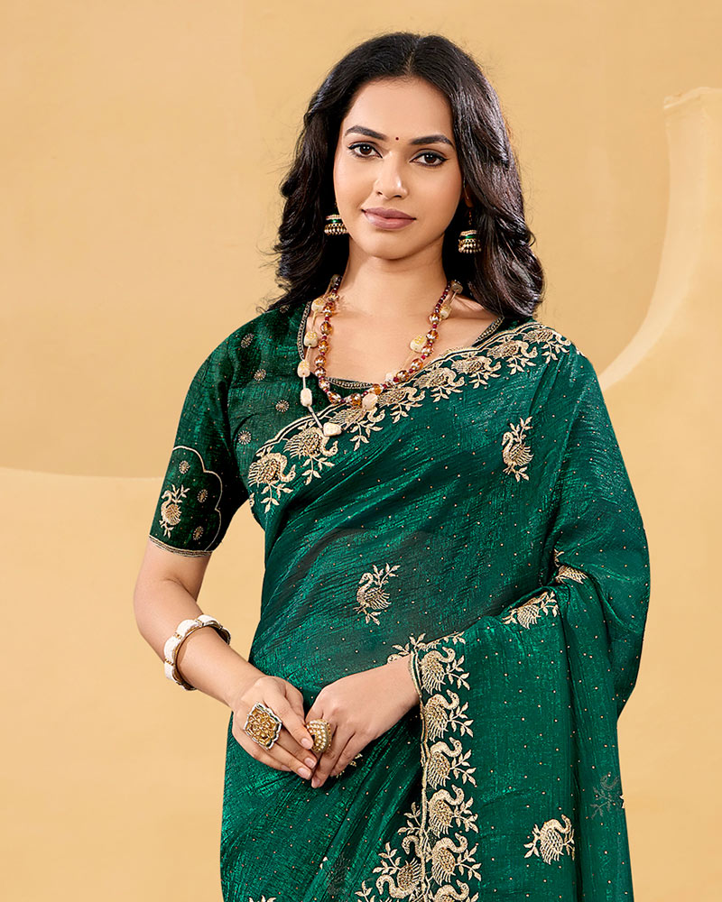 Vishal Prints Tropical Green Designer Fancy Satin Saree With Embroidery Work And Cut Work Fancy Border