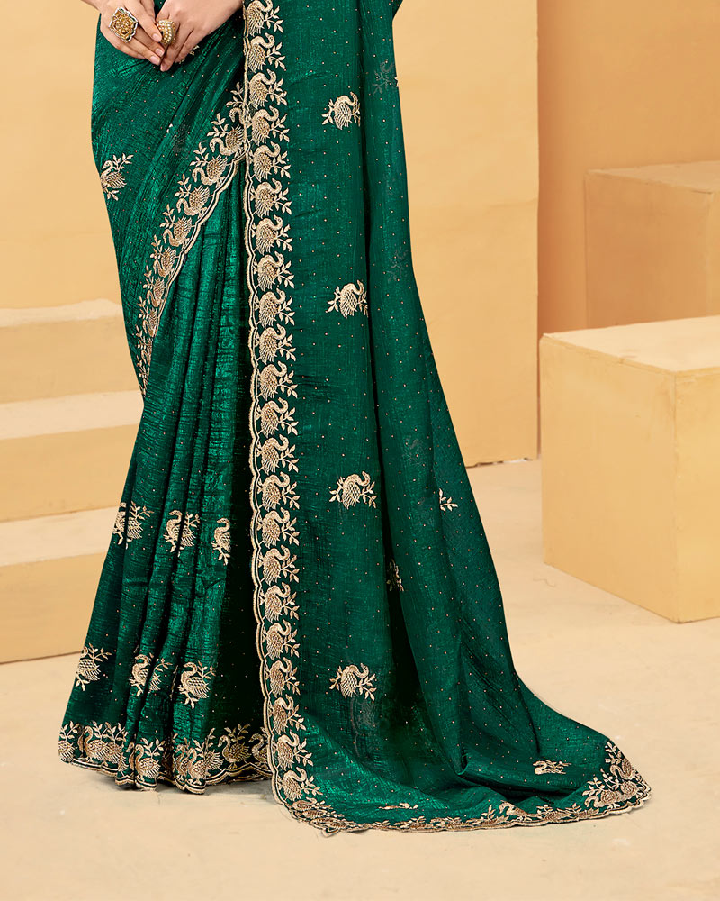 Vishal Prints Tropical Green Designer Fancy Satin Saree With Embroidery Work And Cut Work Fancy Border