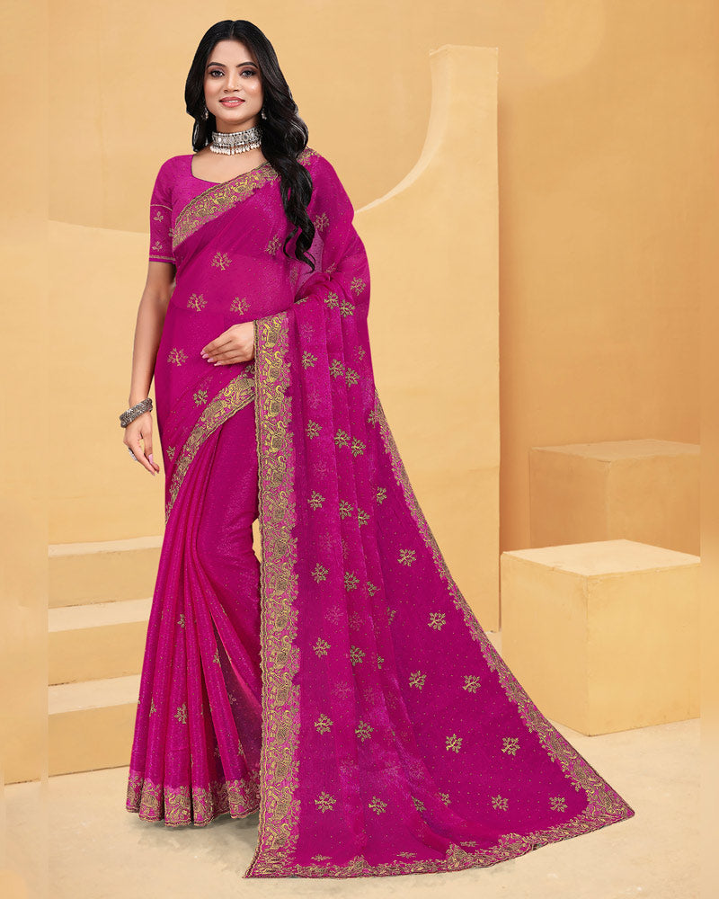 Vishal Prints Dark Fuchsia Designer Fancy Satin Saree With Embroidery Work And Cut Work Fancy Border