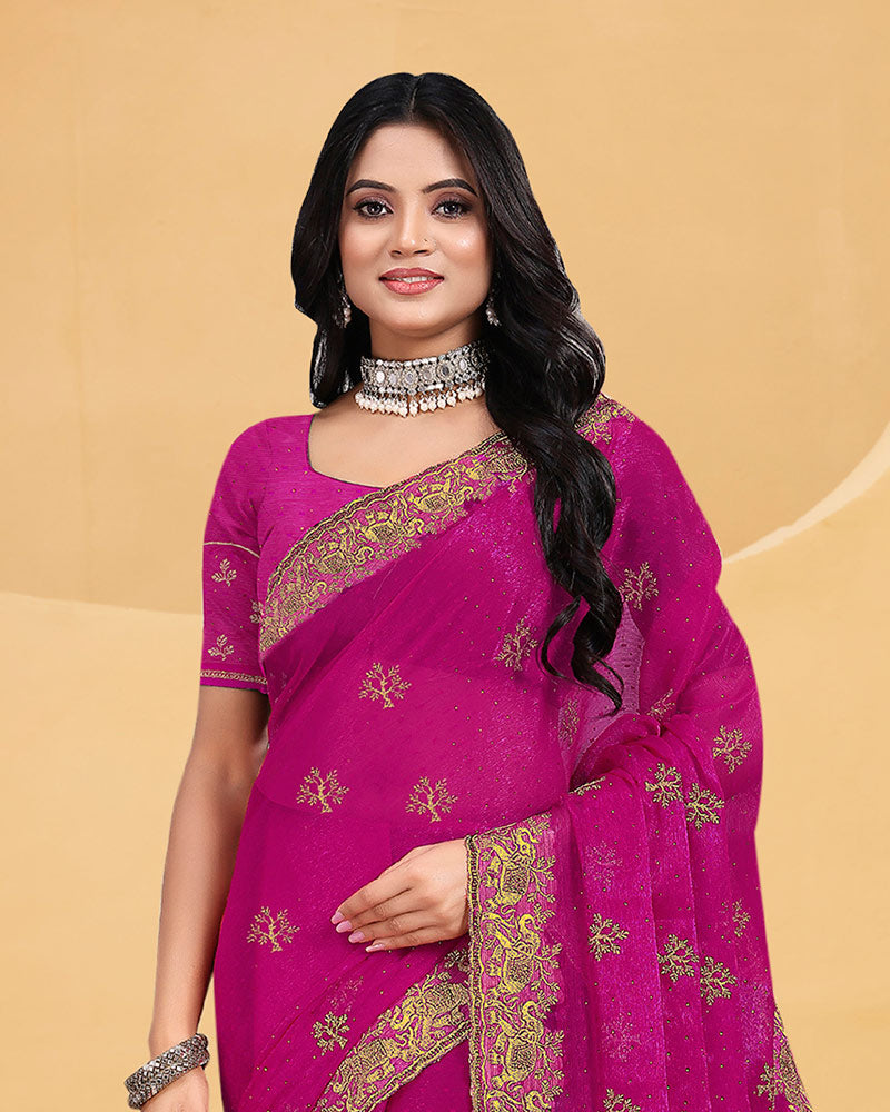 Vishal Prints Dark Fuchsia Designer Fancy Satin Saree With Embroidery Work And Cut Work Fancy Border