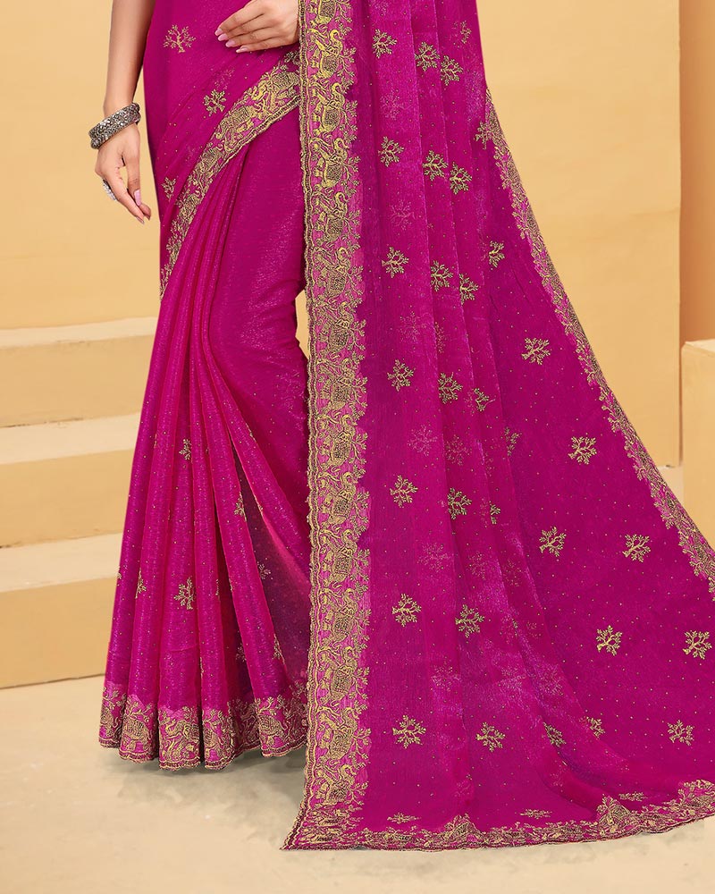 Vishal Prints Dark Fuchsia Designer Fancy Satin Saree With Embroidery Work And Cut Work Fancy Border