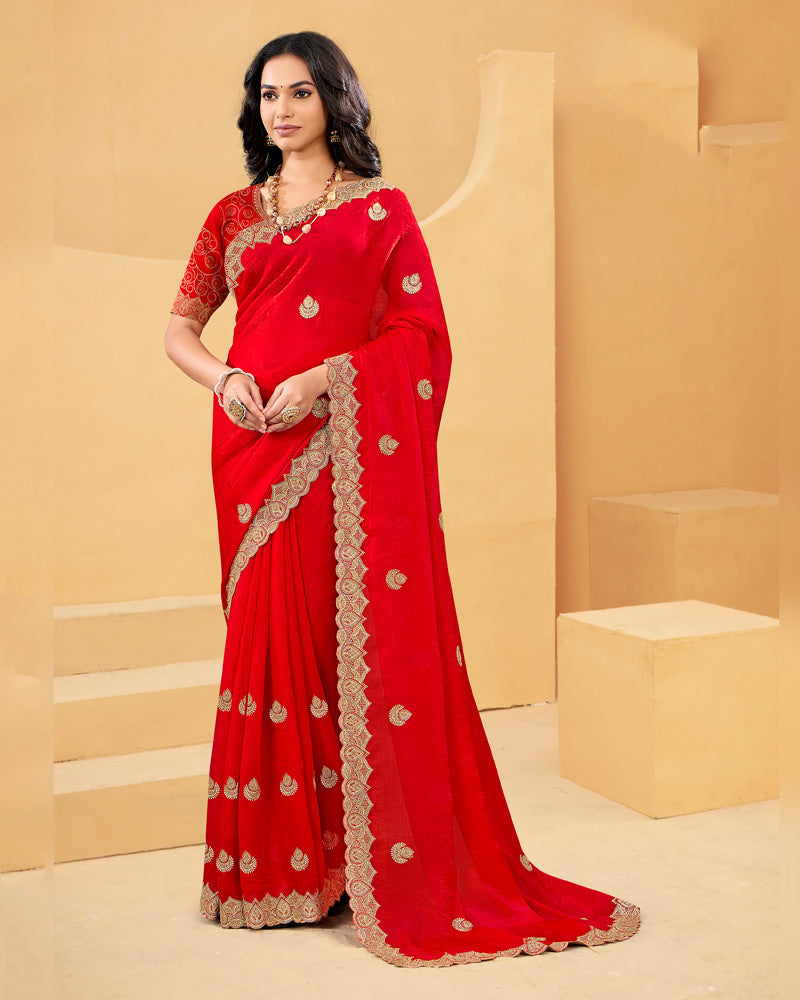 Vishal Prints Venetian Red Designer Fancy Satin Saree With Embroidery Work And Cut Work Fancy Border