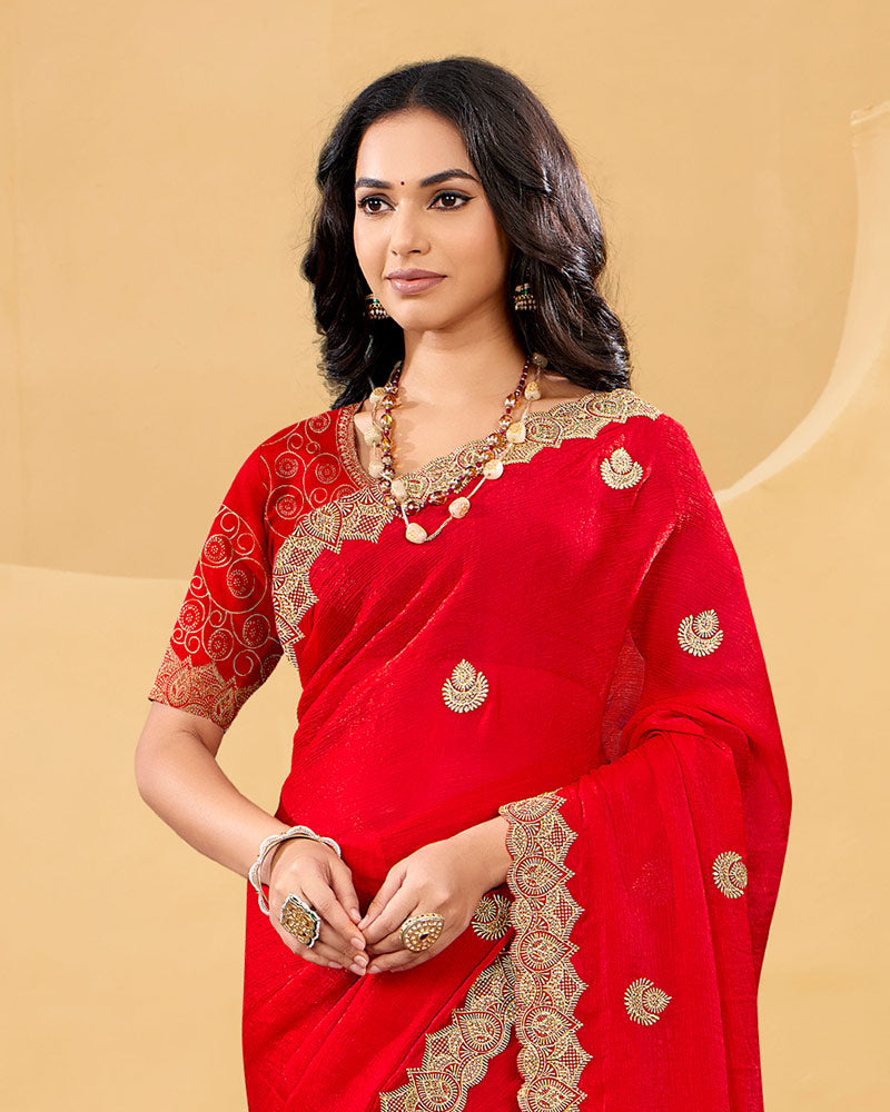 Vishal Prints Venetian Red Designer Fancy Satin Saree With Embroidery Work And Cut Work Fancy Border