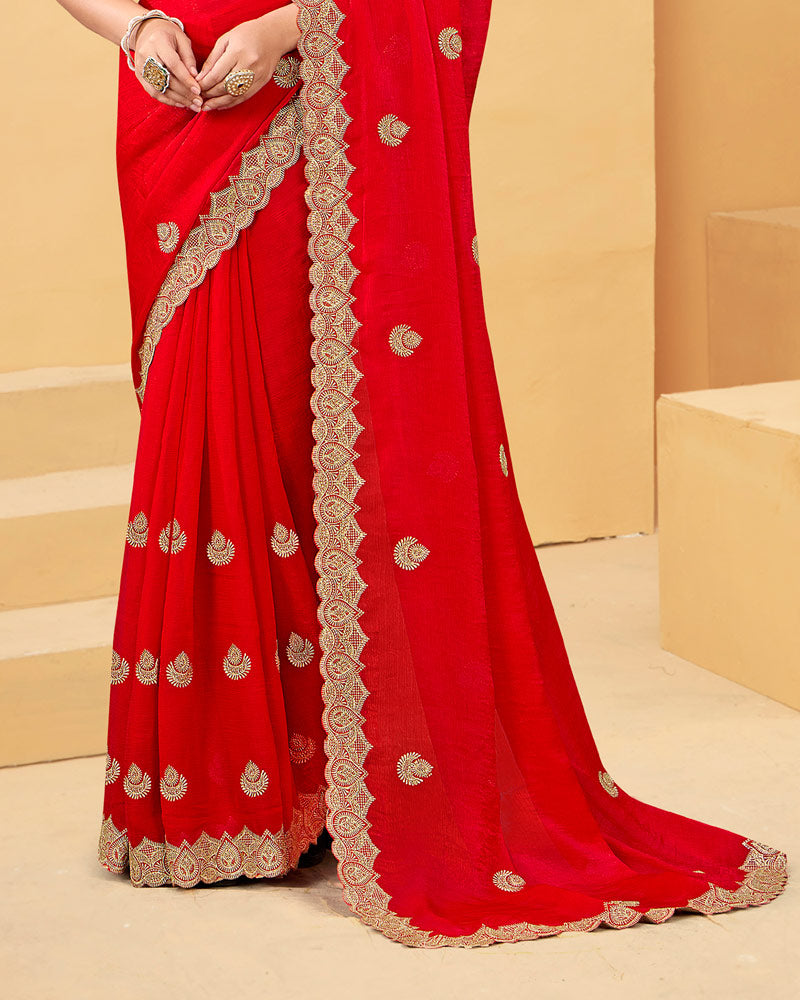 Vishal Prints Venetian Red Designer Fancy Satin Saree With Embroidery Work And Cut Work Fancy Border