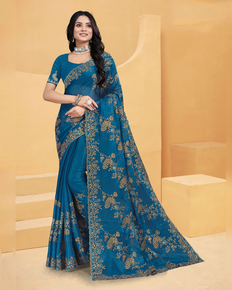 Vishal Prints Regal Blue Designer Fancy Satin Saree With Embroidery Work And Cut Work Fancy Border