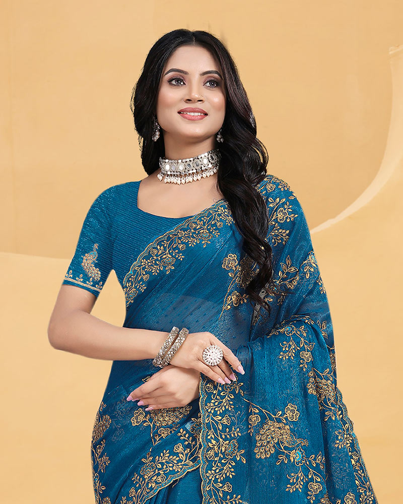 Vishal Prints Regal Blue Designer Fancy Satin Saree With Embroidery Work And Cut Work Fancy Border