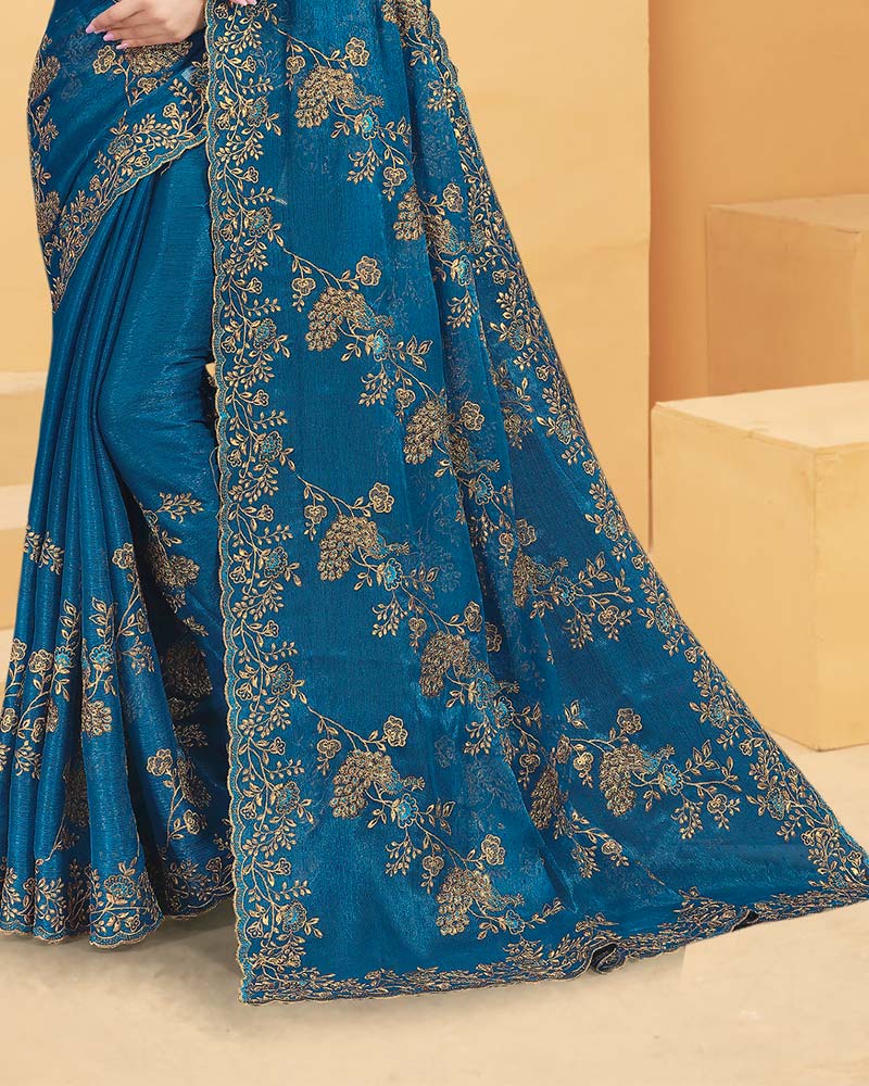 Vishal Prints Regal Blue Designer Fancy Satin Saree With Embroidery Work And Cut Work Fancy Border