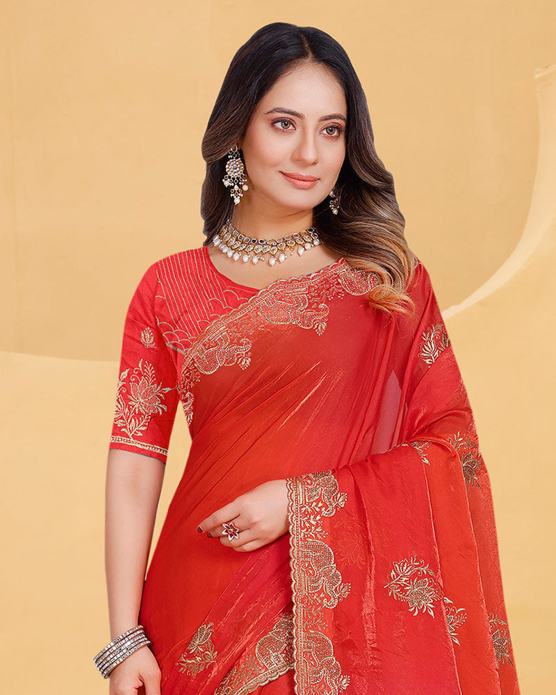 Vishal Prints Faded Red Designer Fancy Satin Saree With Embroidery Work And Cut Work Fancy Border