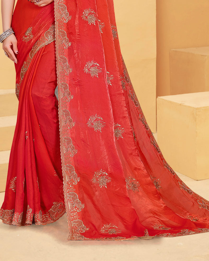 Vishal Prints Faded Red Designer Fancy Satin Saree With Embroidery Work And Cut Work Fancy Border