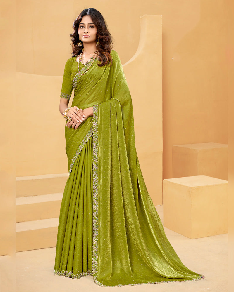 Vishal Prints Light Olive Green Designer Fancy Satin Saree With Embroidery Work And Cut Work Fancy Border