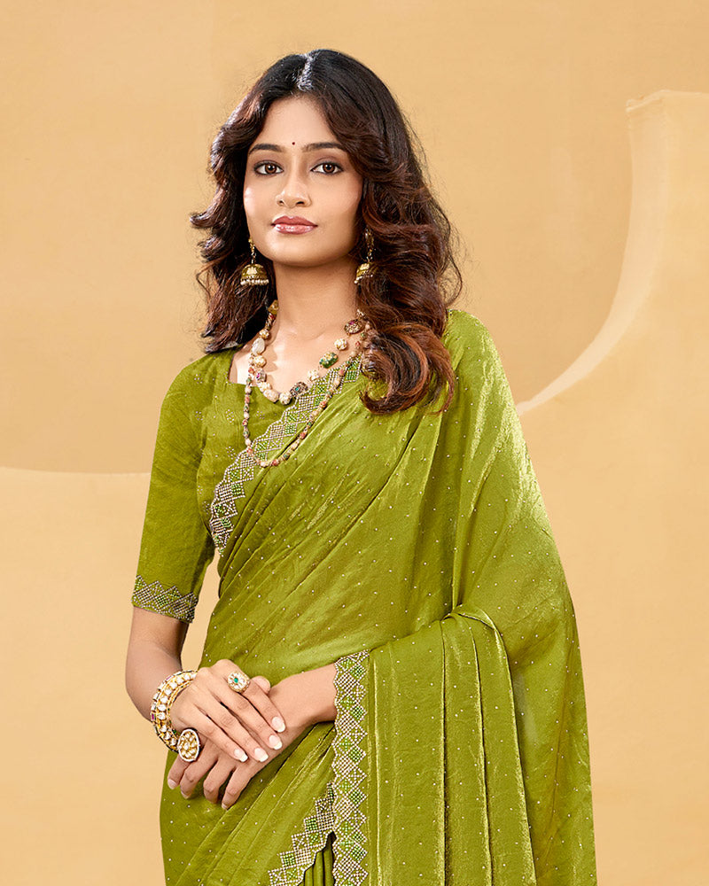 Vishal Prints Light Olive Green Designer Fancy Satin Saree With Embroidery Work And Cut Work Fancy Border