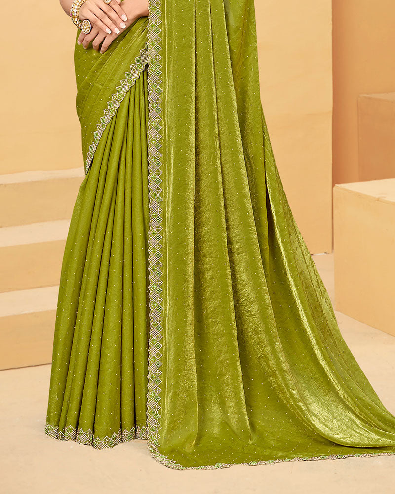 Vishal Prints Light Olive Green Designer Fancy Satin Saree With Embroidery Work And Cut Work Fancy Border