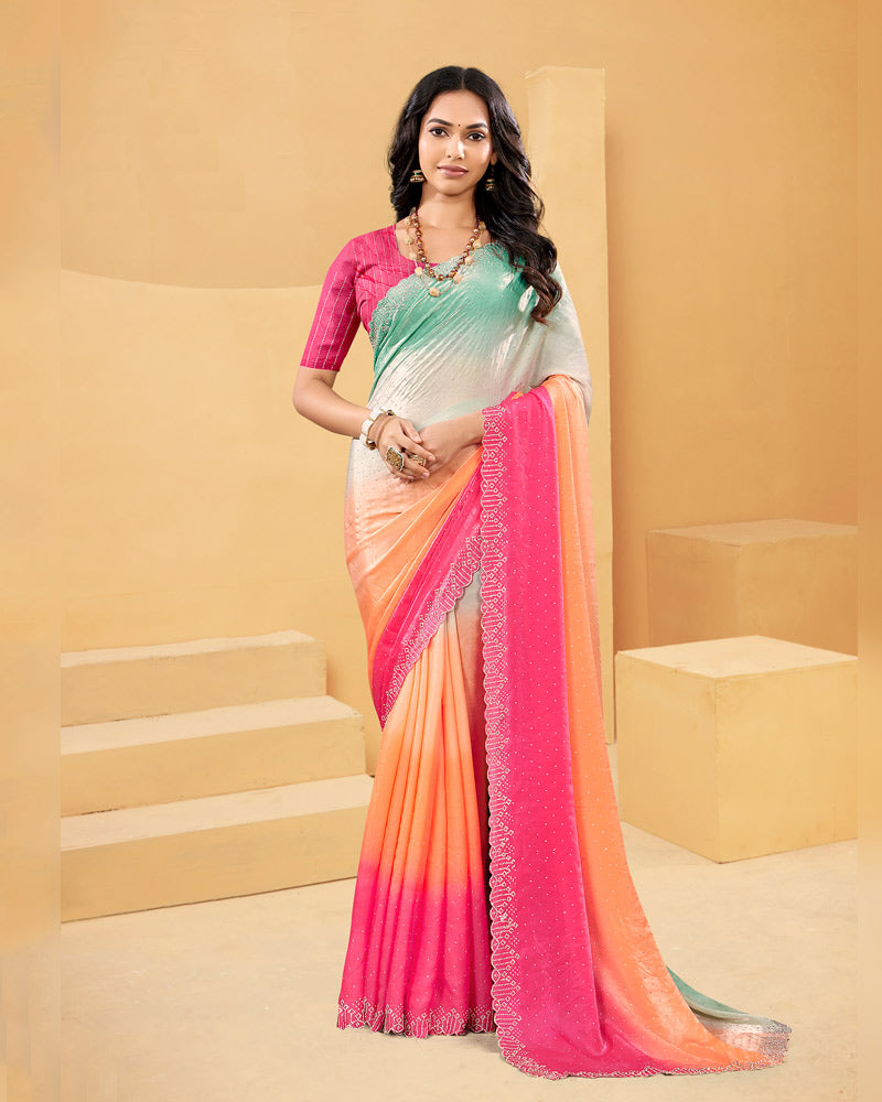 Vishal Prints French Pink And Summer Green Designer Fancy Satin Saree With Embroidery Work And Cut Work Fancy Border