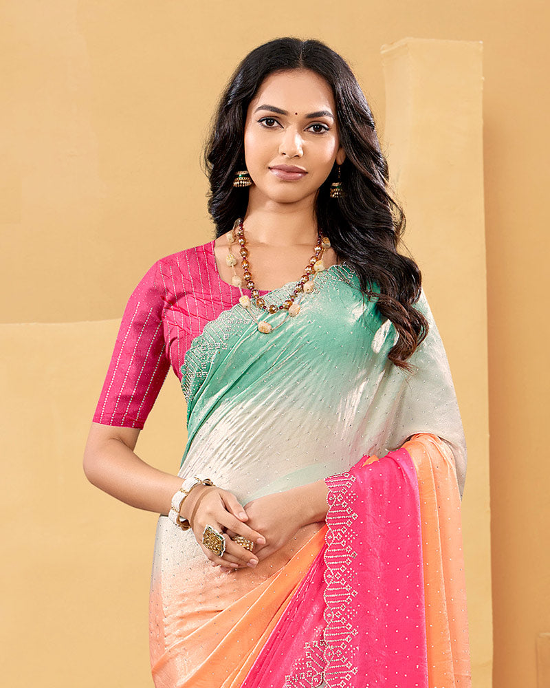 Vishal Prints French Pink And Summer Green Designer Fancy Satin Saree With Embroidery Work And Cut Work Fancy Border