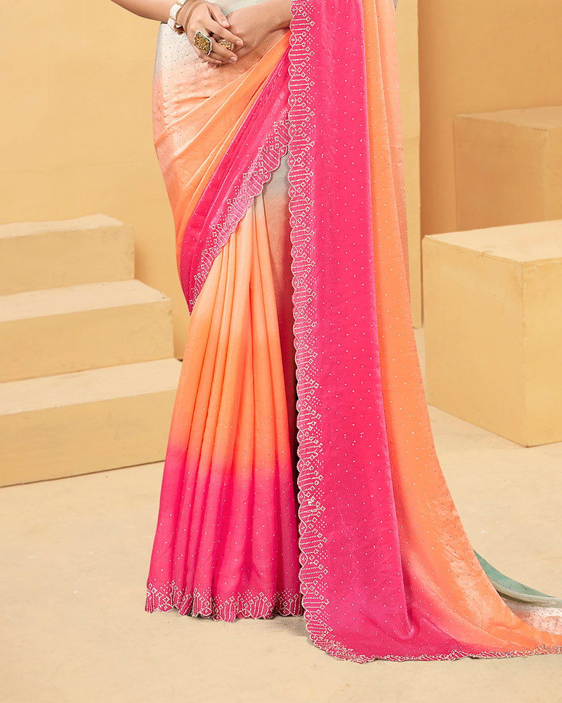 Vishal Prints French Pink And Summer Green Designer Fancy Satin Saree With Embroidery Work And Cut Work Fancy Border