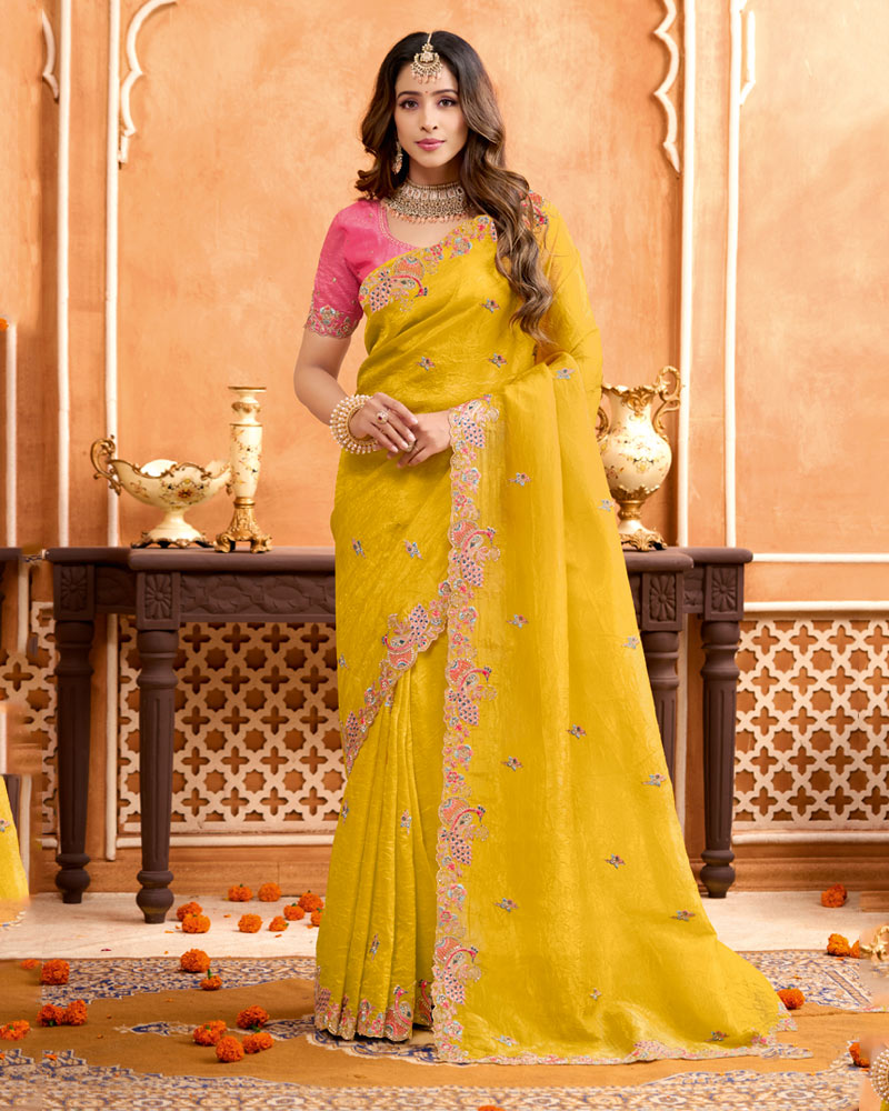 Yellow Ochre Designer Crushed Tissue Saree With Zari-Embroidery-Diamond Work And Cut Work Border