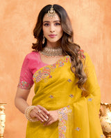 Yellow Ochre Designer Crushed Tissue Saree With Zari-Embroidery-Diamond Work And Cut Work Border