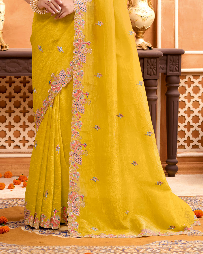 Yellow Ochre Designer Crushed Tissue Saree With Zari-Embroidery-Diamond Work And Cut Work Border