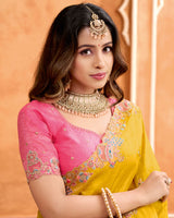 Yellow Ochre Designer Crushed Tissue Saree With Zari-Embroidery-Diamond Work And Cut Work Border