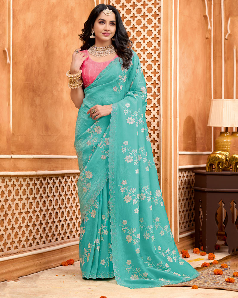 Light Sea Green Designer Crushed Tissue Saree With Zari-Embroidery-Diamond Work And Cut Work Border