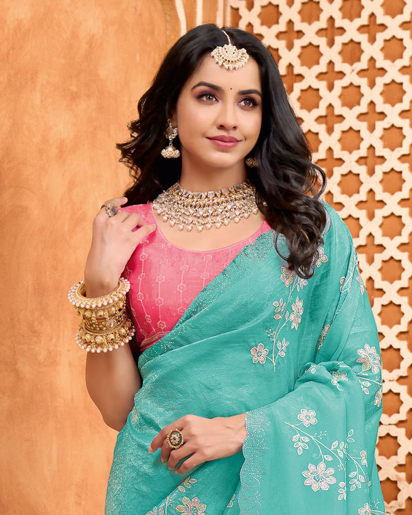 Light Sea Green Designer Crushed Tissue Saree With Zari-Embroidery-Diamond Work And Cut Work Border