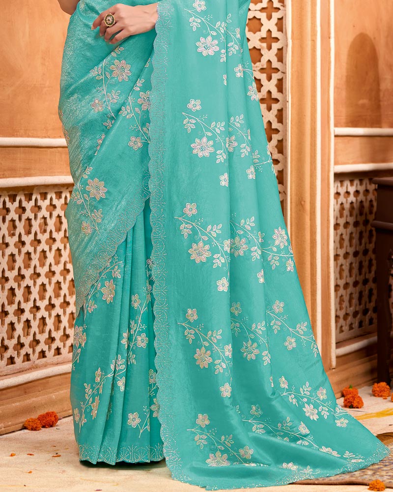 Light Sea Green Designer Crushed Tissue Saree With Zari-Embroidery-Diamond Work And Cut Work Border